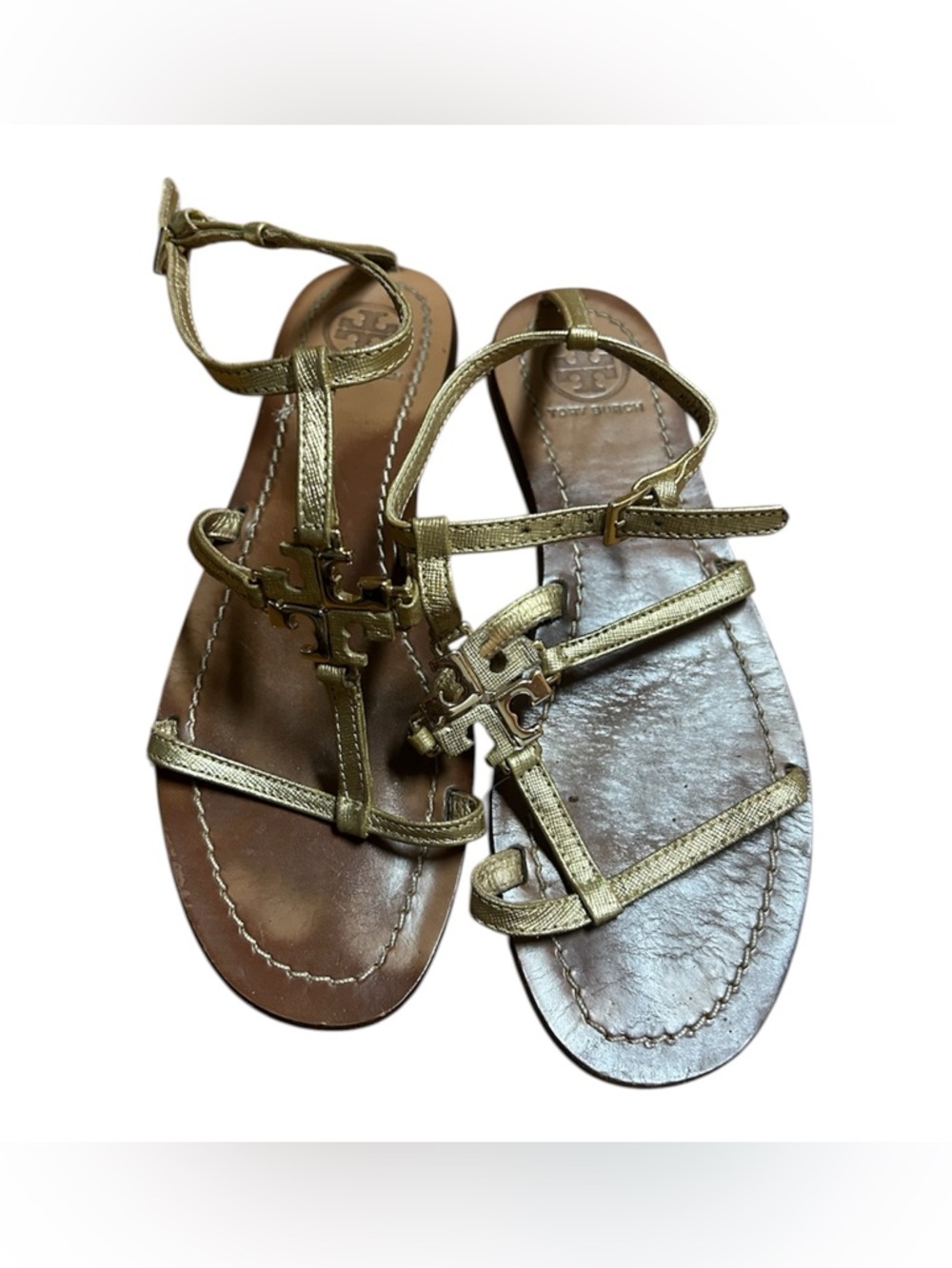 Tory Burch Gold Leather Logo T-Strap Sandals